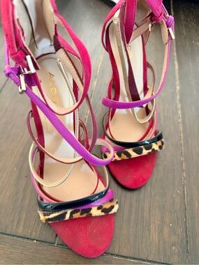 Aldo Red and Purple Multi-Strap Leopard Accent Heels